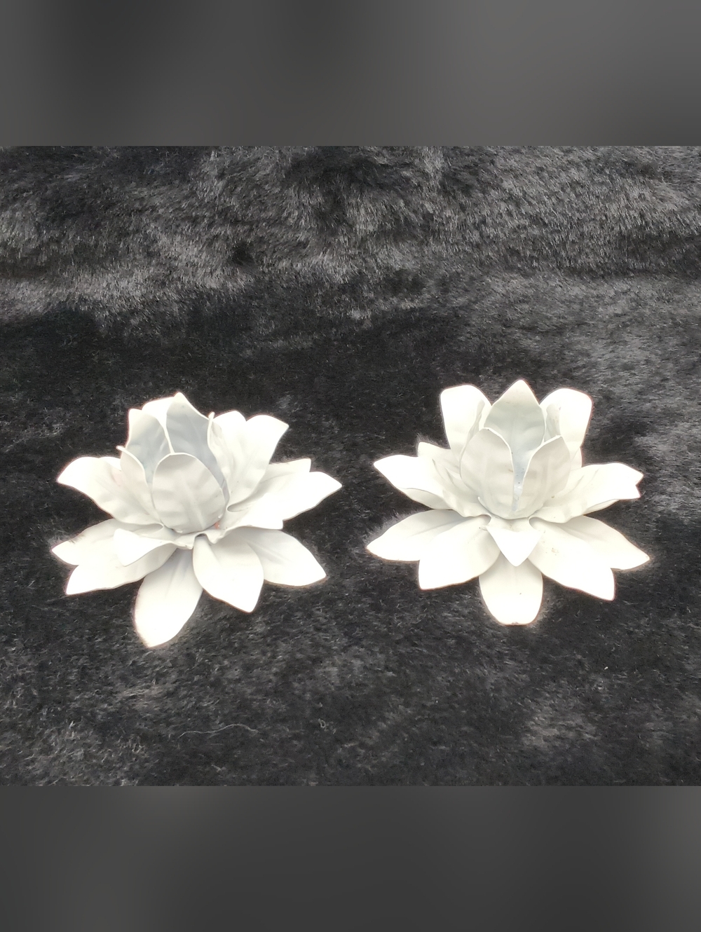 Pair of White Metal Lotus Flower Candle Holders - Vintage Hollywood Regency